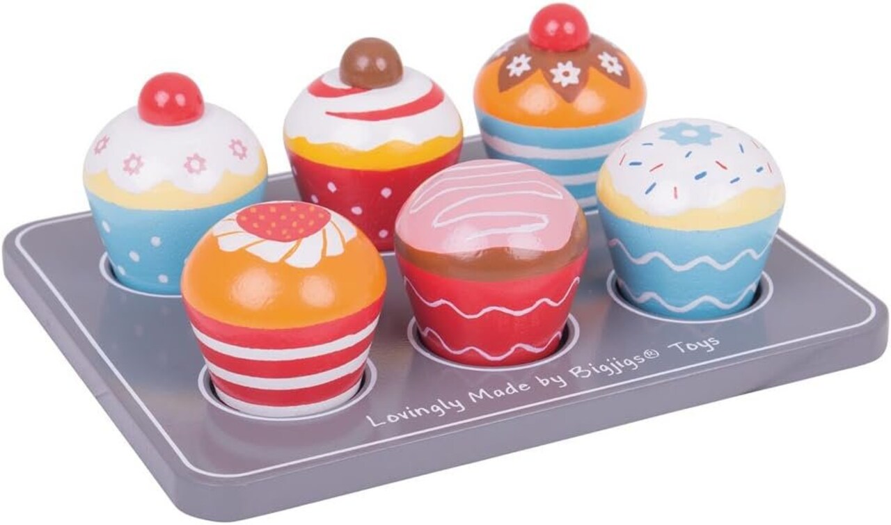 Bigjigs Toys Wooden Cupcakes Muffin Tray – 6 Colorful Wooden Muffins & Serving Tray – Pretend Play Food Set for Kids, Ages 3+